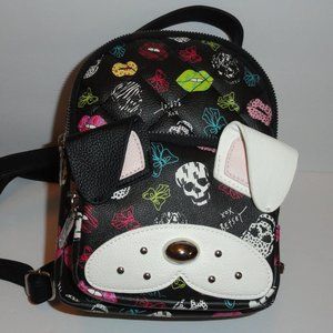 Betsey Johnson Skull Mini Backpack, NEW, Faux Leather Purse, Black Red Boho W92